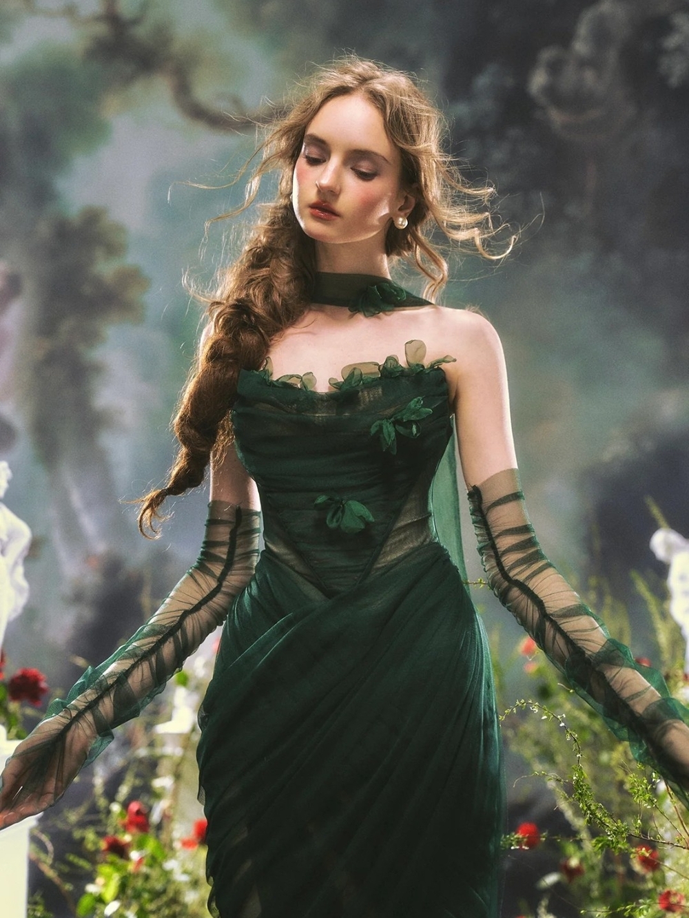 Lacemade Forest Nymph Dress Emerald Green Sheer Draped Midi Dress - Picture 5 of 7